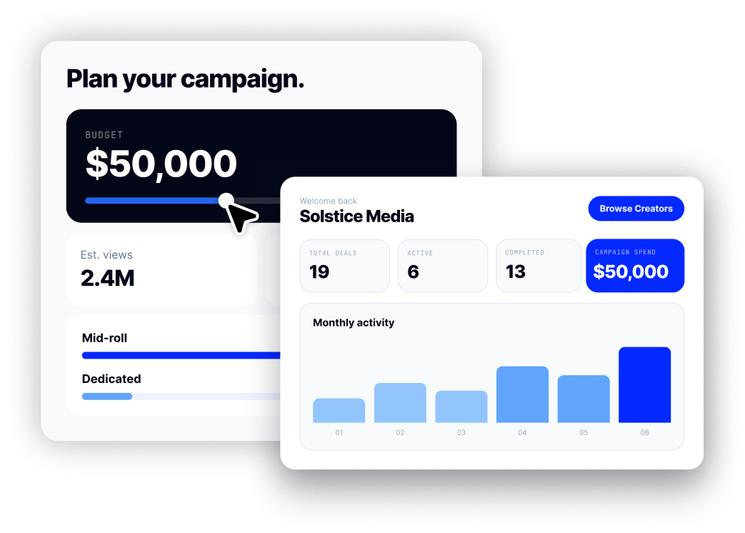 Brand dashboard showing a campaign budget planner, deal counts, and spend